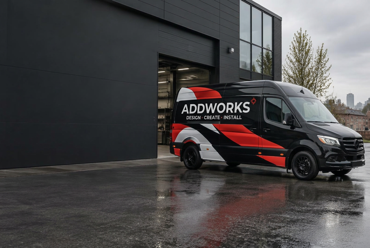 Wrapped van with bold red and black graphics
